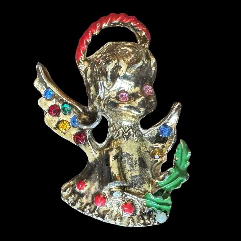 Vintage Gold Tone Christmas Angel Brooch Pin Rhinestones & Enamel Eccentric Xmas